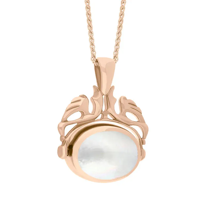 9ct Rose Gold Whitby Jet Mother Of Pearl Double Sided Oval Swivel Fob Necklace
