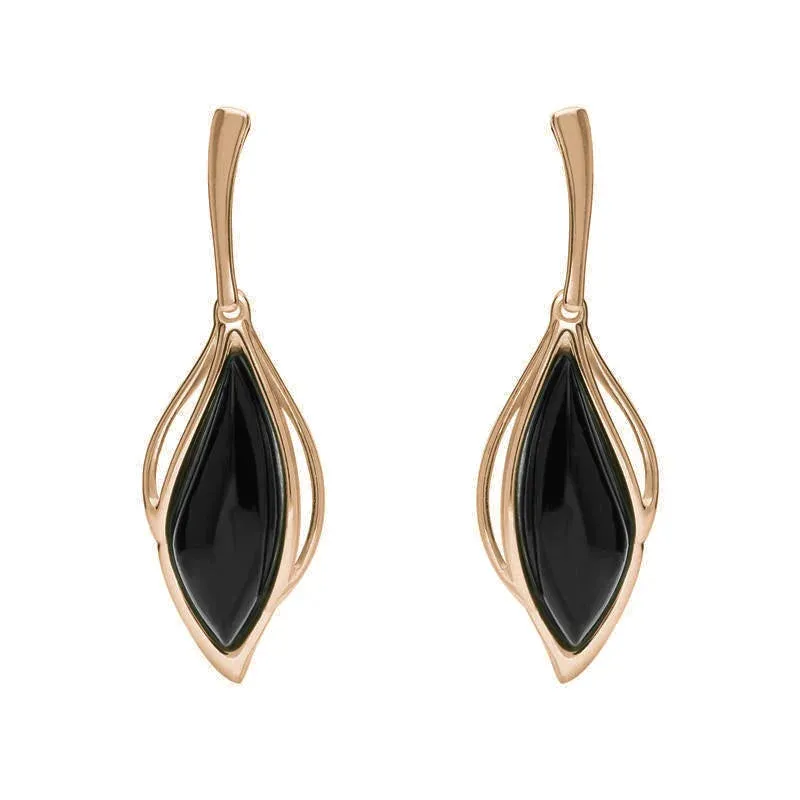 9ct Rose Gold Whitby Jet Open Marquise Drop Earrings