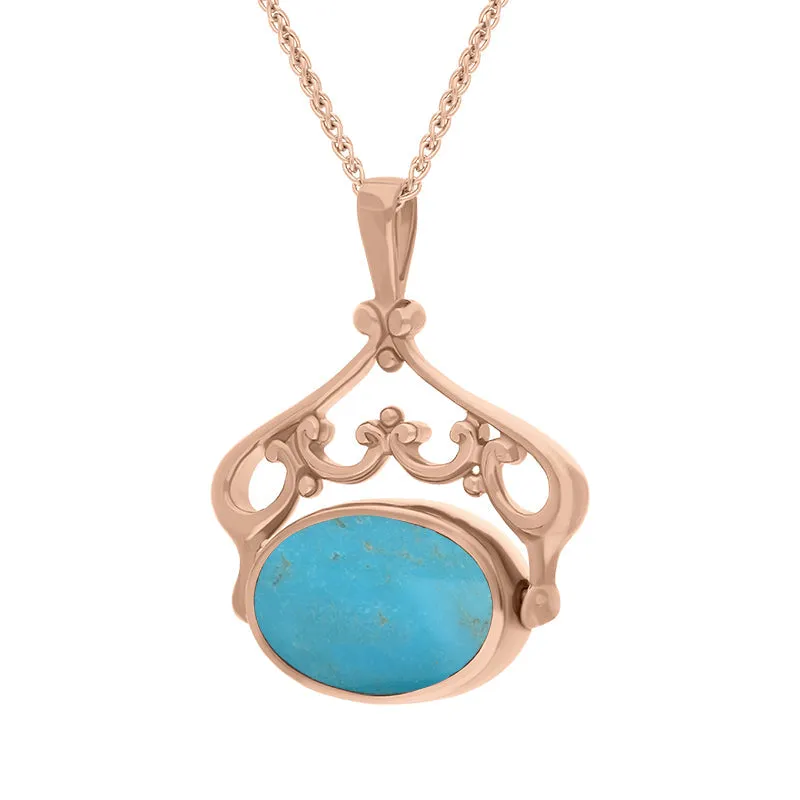 9ct Rose Gold Whitby Jet Turquoise Double Sided Oval Swivel Fob Necklace