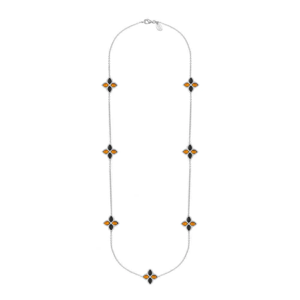 9ct White Gold Whitby Jet And Amber Eden Long Marquise Flower Necklace