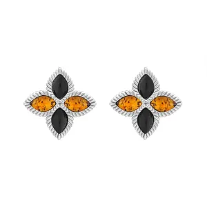 9ct White Gold Whitby Jet And Amber Eden Marquise Flower Stud Earrings