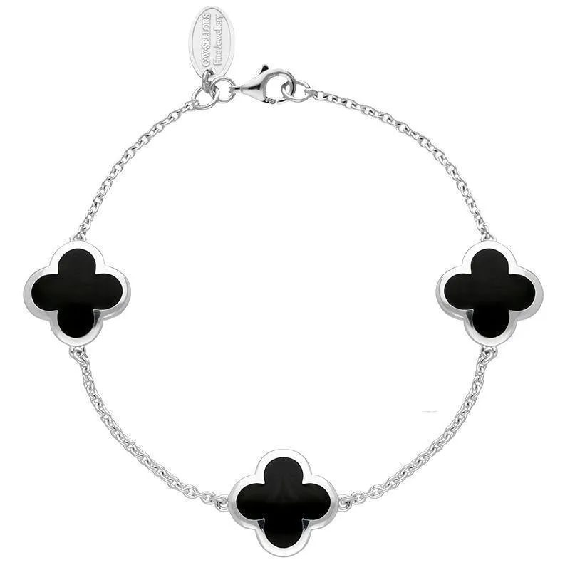 9ct White Gold Whitby Jet Bloom Four Leaf Clover Chain Bracelet