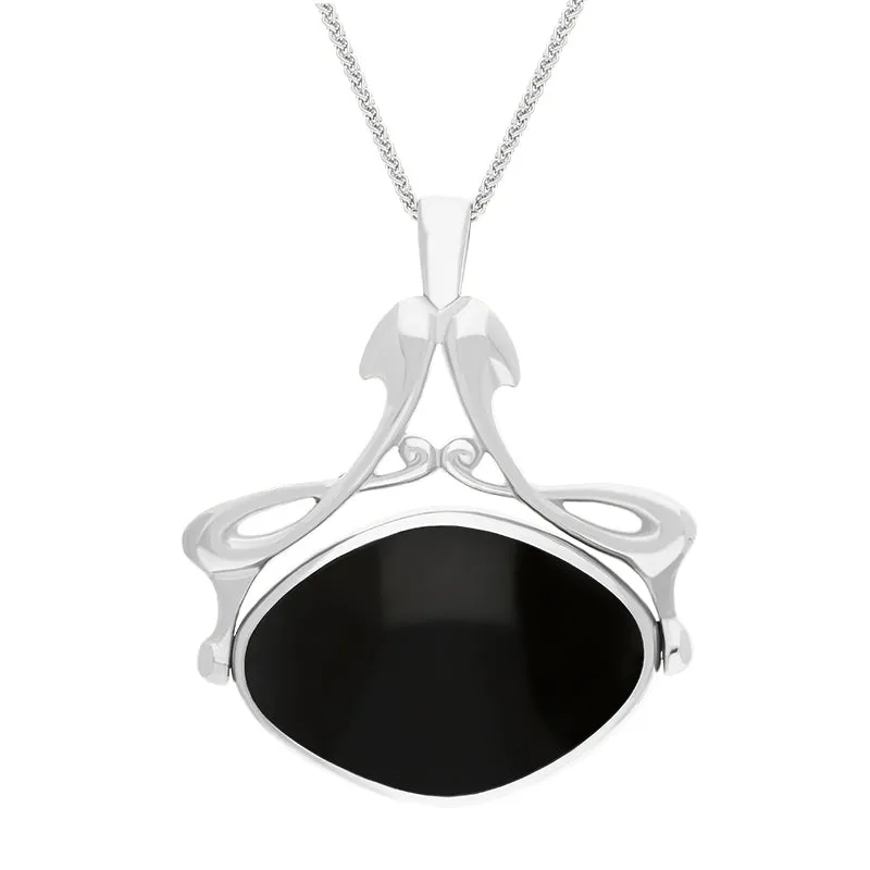 9ct White Gold Whitby Jet Lapis Lazuli Bell Diamond Swivel Fob Necklace