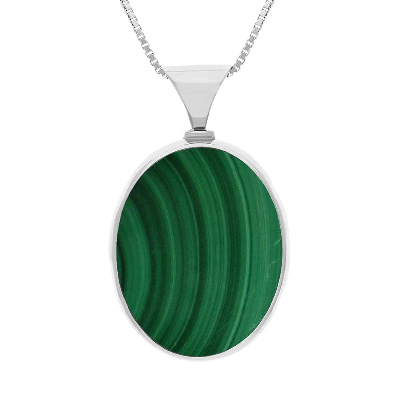 9ct White Gold Whitby Jet Malachite Queens Jubilee Hallmark Double Sided Oval Necklace D