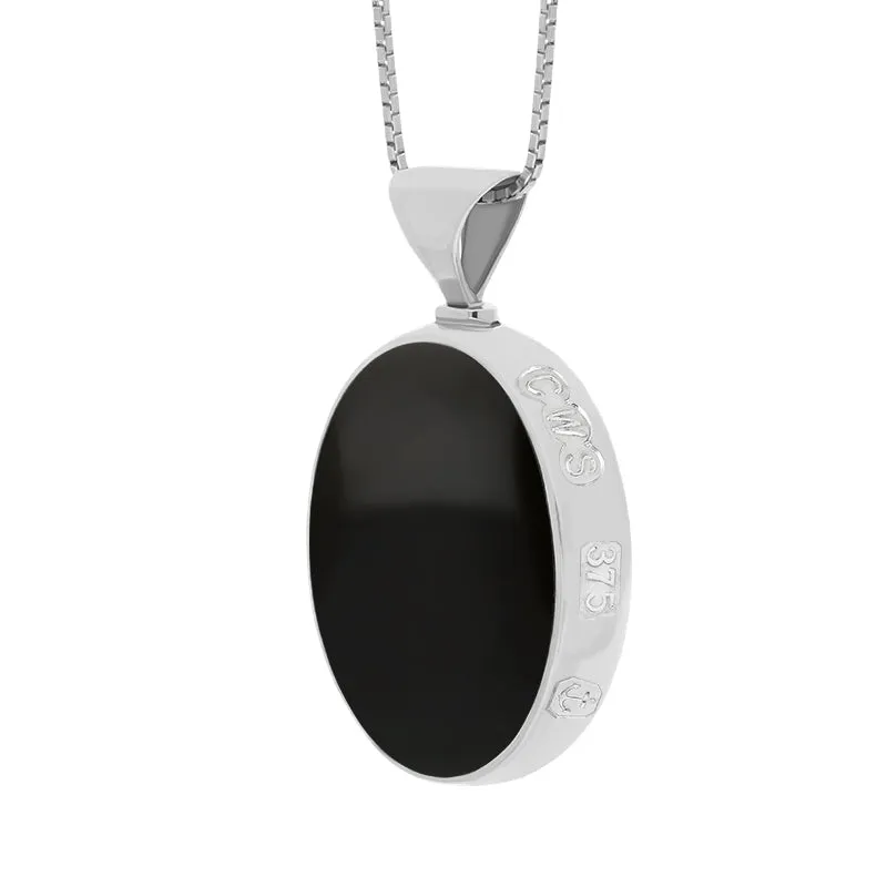 9ct White Gold Whitby Jet Malachite Queens Jubilee Hallmark Double Sided Oval Necklace D