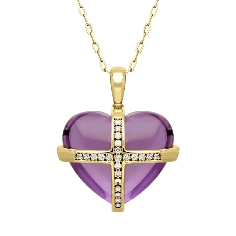 9ct Yellow Gold Amethyst Diamond Large Cross Heart Necklace