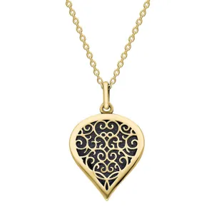 9ct Yellow Gold Blue Goldstone Flore Filigree Medium Heart Necklace