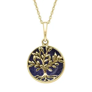 9ct Yellow Gold Blue Goldstone Small Round Large Leaves Tree of Life Necklace