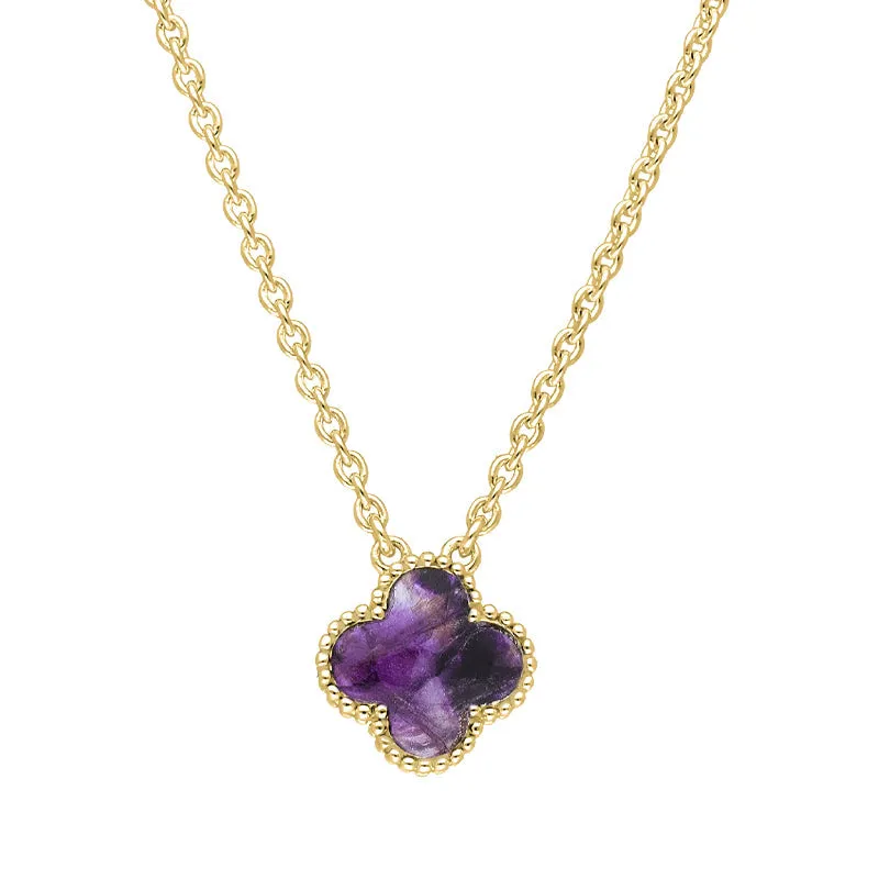 9ct Yellow Gold Blue John Bloom Small Four Leaf Clover Ball Edge Chain Necklet