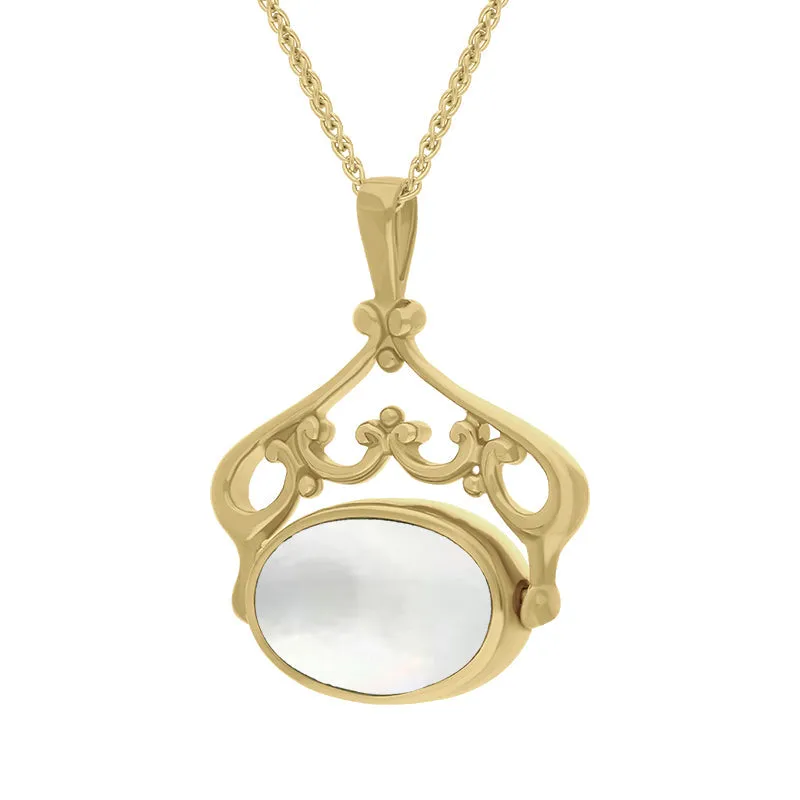 9ct Yellow Gold Blue John Mother Of Pearl Double Sided Oval Swivel Fob Necklace