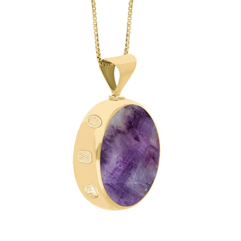 9ct Yellow Gold Blue John Mother of Pearl King's Coronation Hallmark Double Sided Round Necklace D