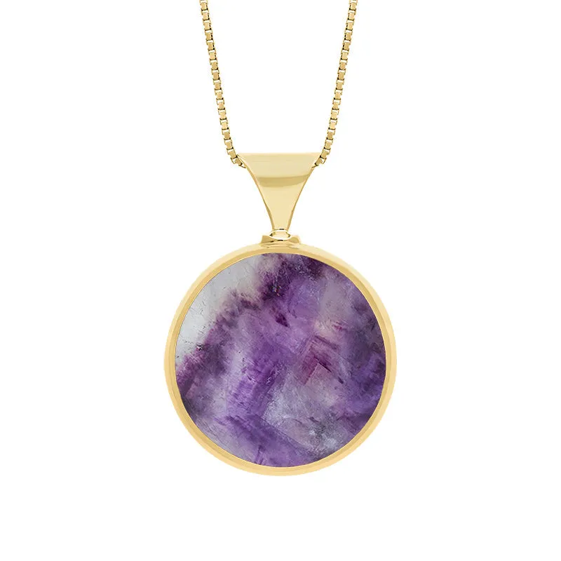 9ct Yellow Gold Blue John Mother of Pearl King's Coronation Hallmark Double Sided Round Necklace D