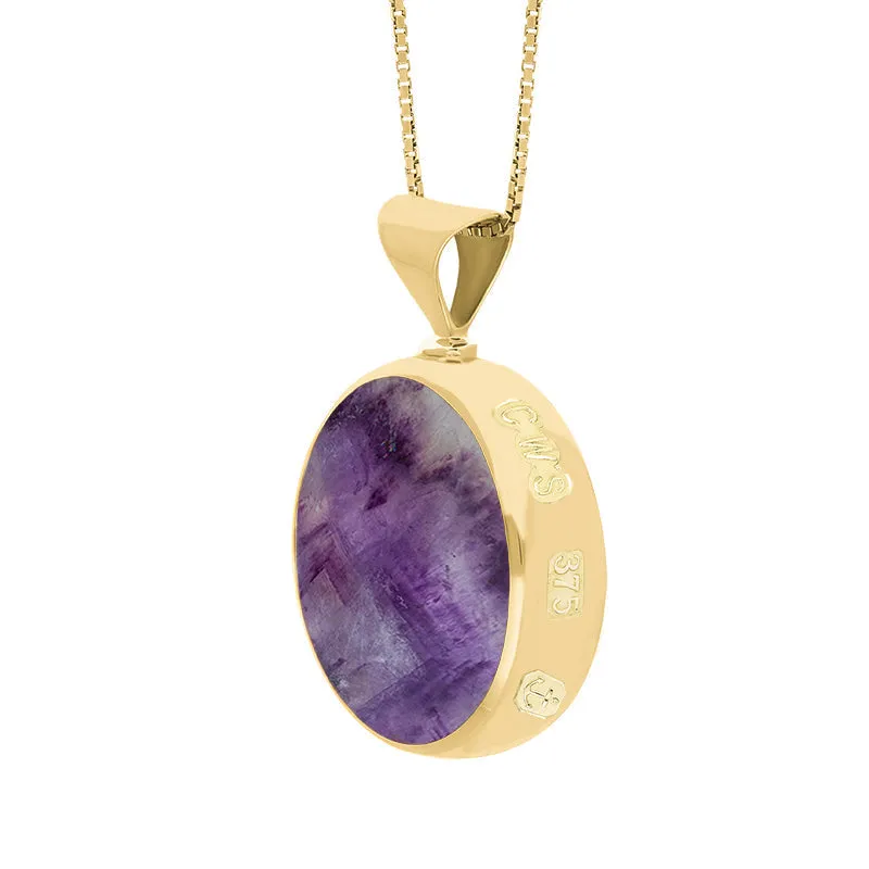 9ct Yellow Gold Blue John Mother of Pearl King's Coronation Hallmark Double Sided Round Necklace D