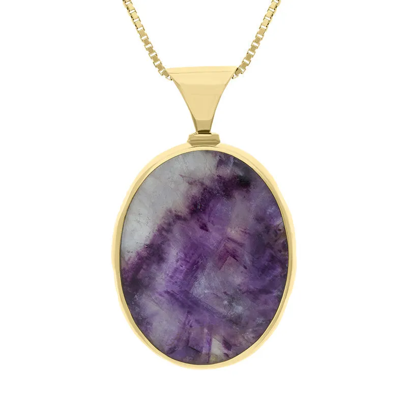 9ct Yellow Gold Blue John Mother of Pearl Queens Jubilee Hallmark Double Sided Oval Necklace D