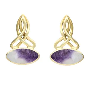 9ct Yellow Gold Blue John Wide Marquise Celtic Stud Earrings