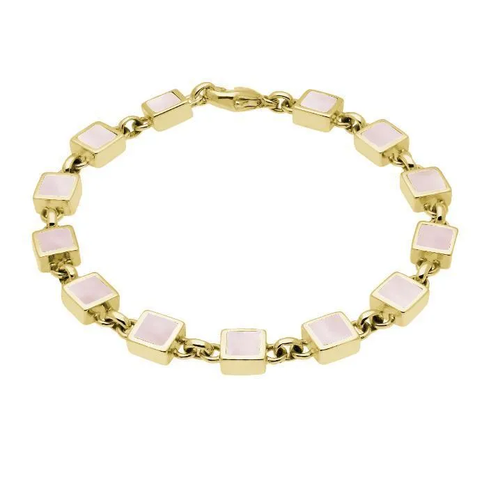 9ct Yellow Gold Pink Mother of Pearl Square Stone Bracelet