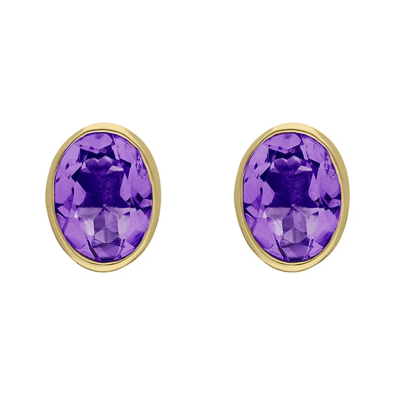 9ct Yellow Gold Sterling Silver Amethyst Stepping Stones 6x8mm Oval Stud Earrings