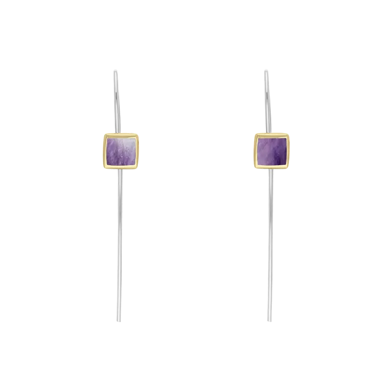 9ct Yellow Gold Sterling Silver Blue John Stepping Stones 5mm Square Hook Earrings