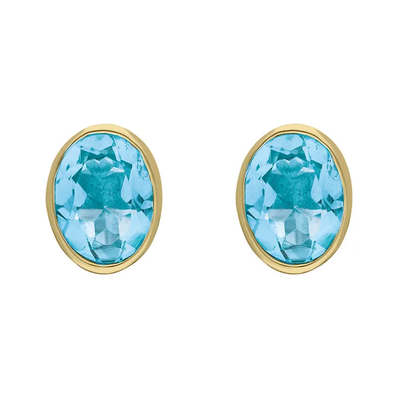 9ct Yellow Gold Sterling Silver Blue Topaz Stepping Stones 6x8mm Oval Stud Earrings