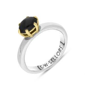9ct Yellow Gold Sterling Silver Whitby Jet Stepping Stones 4x7mm Oval Claw Set Ring D