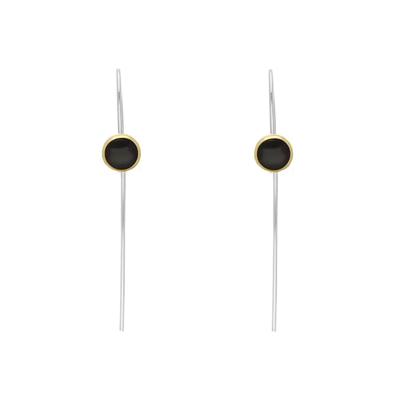 9ct Yellow Gold Sterling Silver Whitby Jet Stepping Stones 5mm Round Hook Earrings