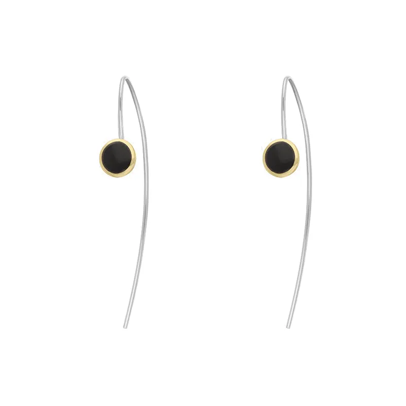9ct Yellow Gold Sterling Silver Whitby Jet Stepping Stones 5mm Round Hook Earrings