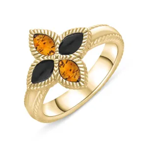 9ct Yellow Gold Whitby Jet And Amber Eden Marquise Flower Ring