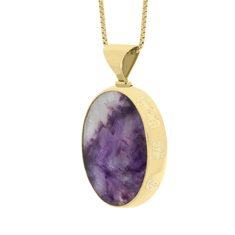 9ct Yellow Gold Whitby Jet Blue John King's Coronation Hallmark Double Sided Oval Necklace D