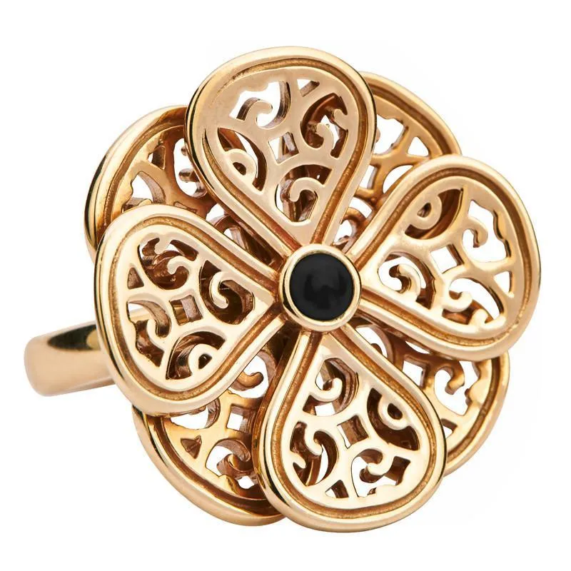 9ct Yellow Gold Whitby Jet Flore Eight Petal Flower Ring
