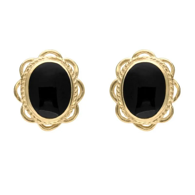 9ct Yellow Gold Whitby Jet Rope Frill Edge Oval Stud Earrings