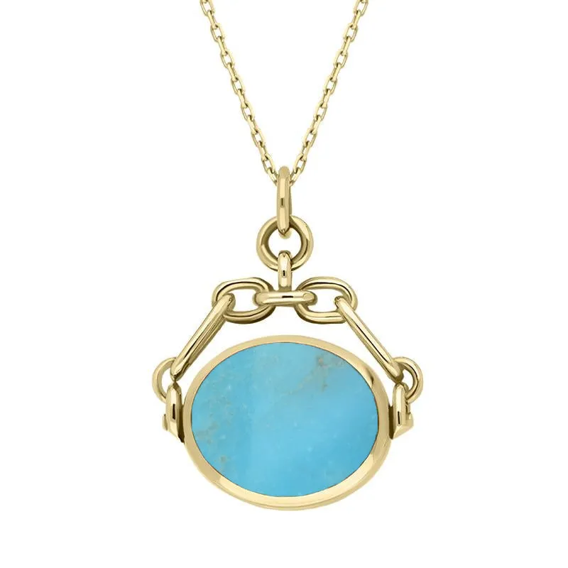 9ct Yellow Gold Whitby Jet Turquoise Double Sided Swivel Fob Necklace