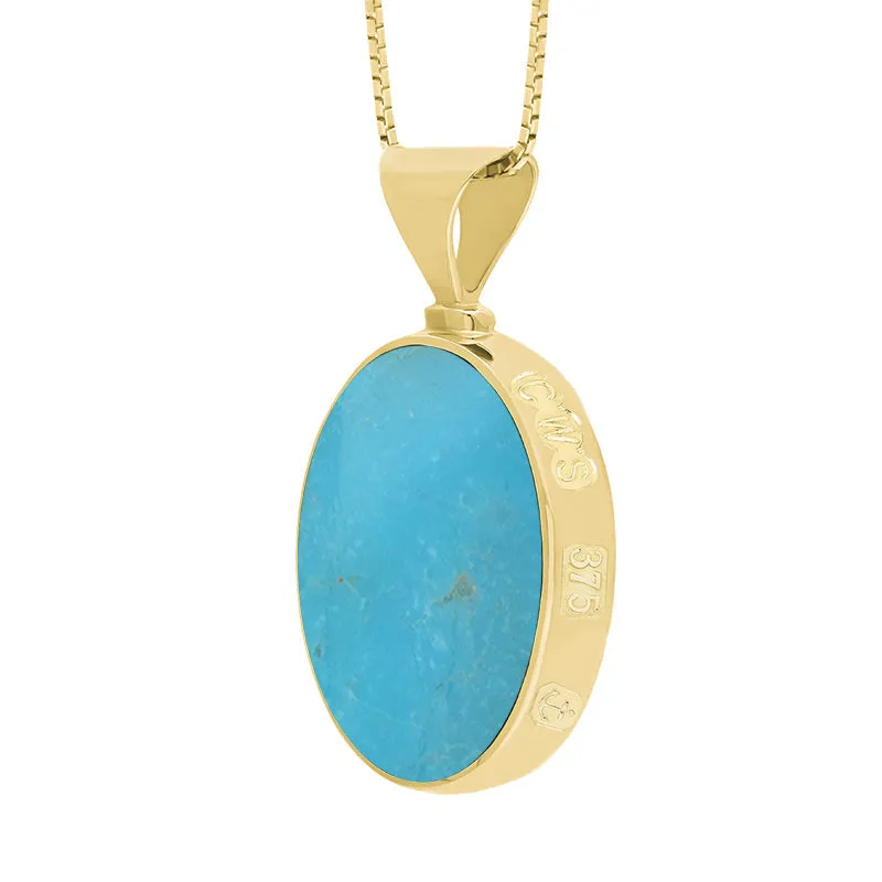 9ct Yellow Gold Whitby Jet Turquoise Queens Jubilee Hallmark Double Sided Oval Necklace D