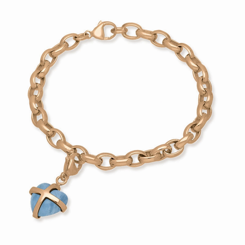 9ct Rose Gold Aquamarine Small Cross Heart Charm Bracelet