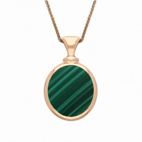 9ct Rose Gold Whitby Jet Malachite Small Double Sided Oval Fob Necklace
