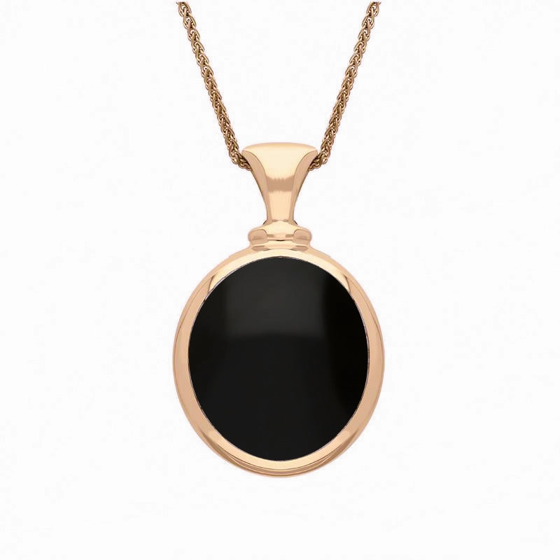 9ct Rose Gold Whitby Jet Turquoise Small Double Sided Oval Fob Necklace