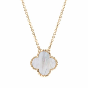 9ct Rose Gold White Mother of Pearl Bloom Large Four Leaf Clover Ball Edge Chain Necklet