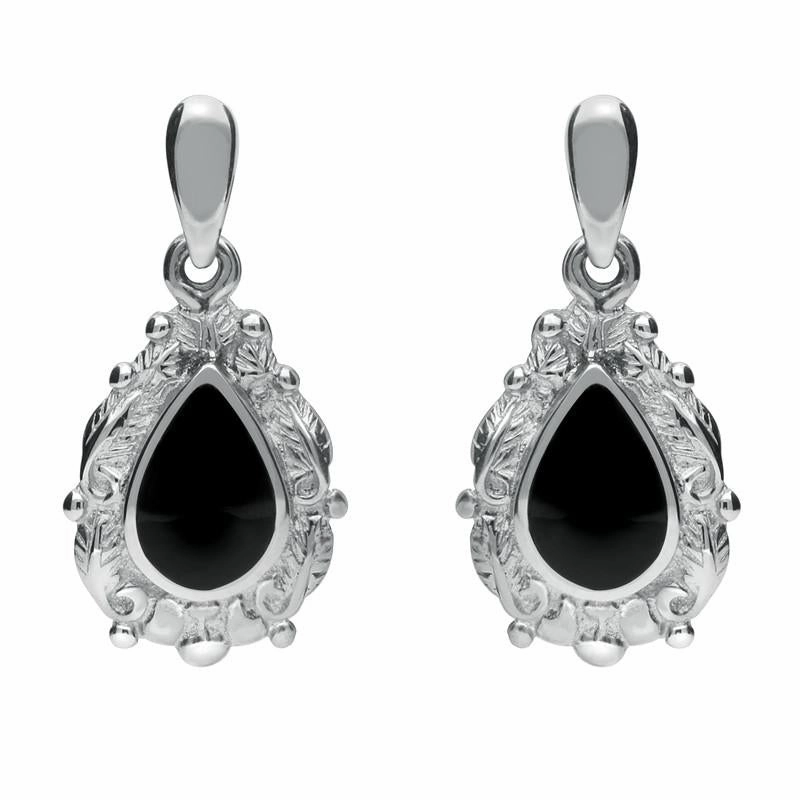 9ct White Gold Whitby Jet Pear Shaped Leaf Drop Earrings