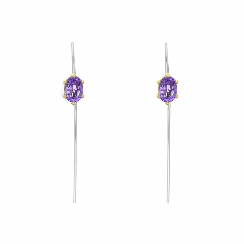 9ct Yellow Gold Sterling Silver Amethyst Stepping Stones 4x7mm Oval Claw Set Hook Earrings