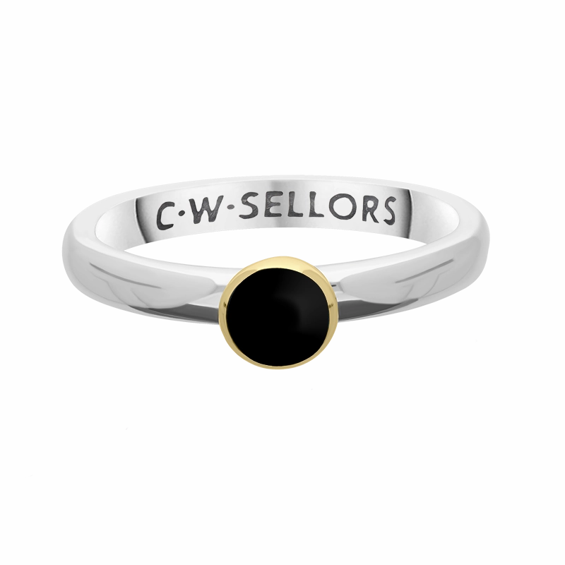 9ct Yellow Gold Sterling Silver Whitby Jet Stepping Stones 5mm Round Bezel Set Ring