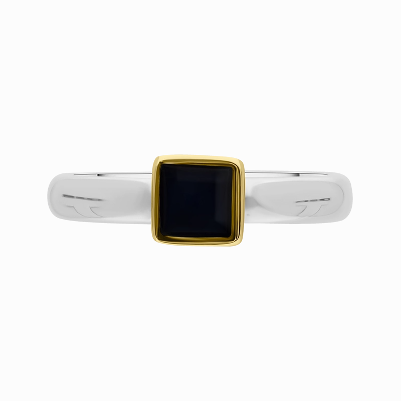 9ct Yellow Gold Sterling Silver Whitby Jet Stepping Stones 5mm Square Bezel Set Ring