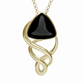 9ct Yellow Gold Whitby Jet Curved Triangle Celtic Necklace