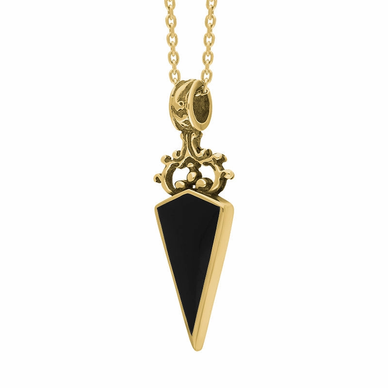 9ct Yellow Gold Whitby Jet Malachite Double Sided Scroll Top Dagger Fob Necklace