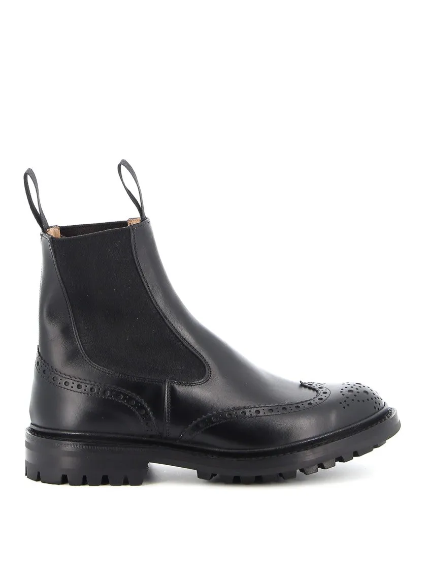 Black Leather Chelsea Boot With Brogue Details