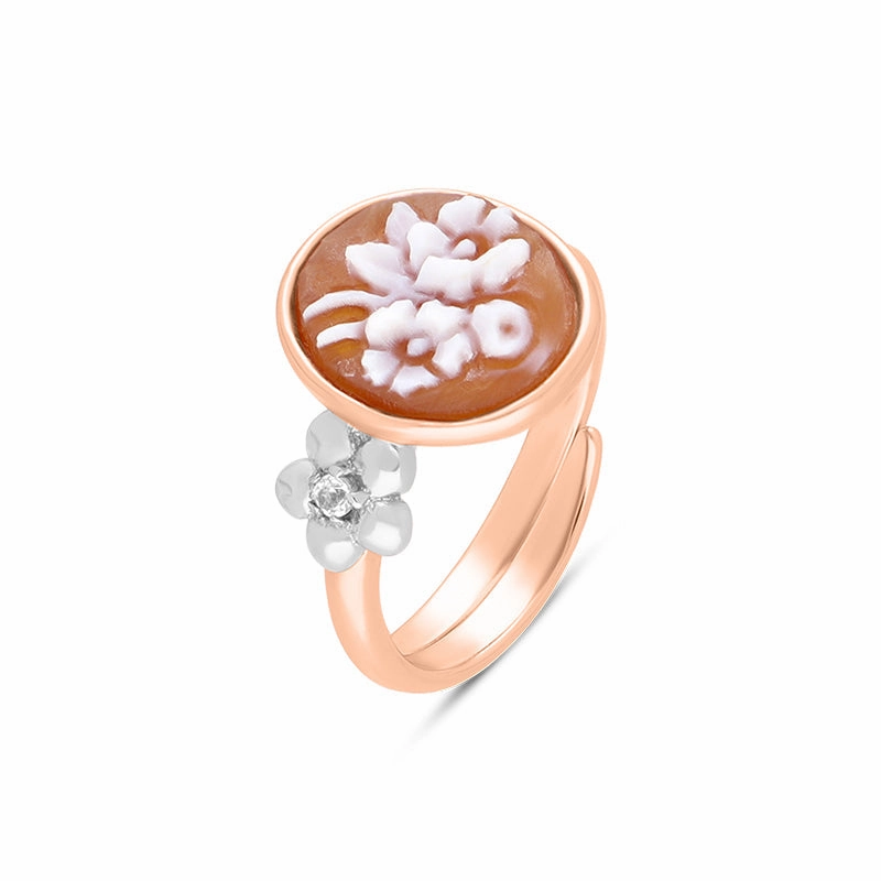 Cameo Italy Rose Gold Plated Sterling Silver Oval Tiny Double Flower Ring D