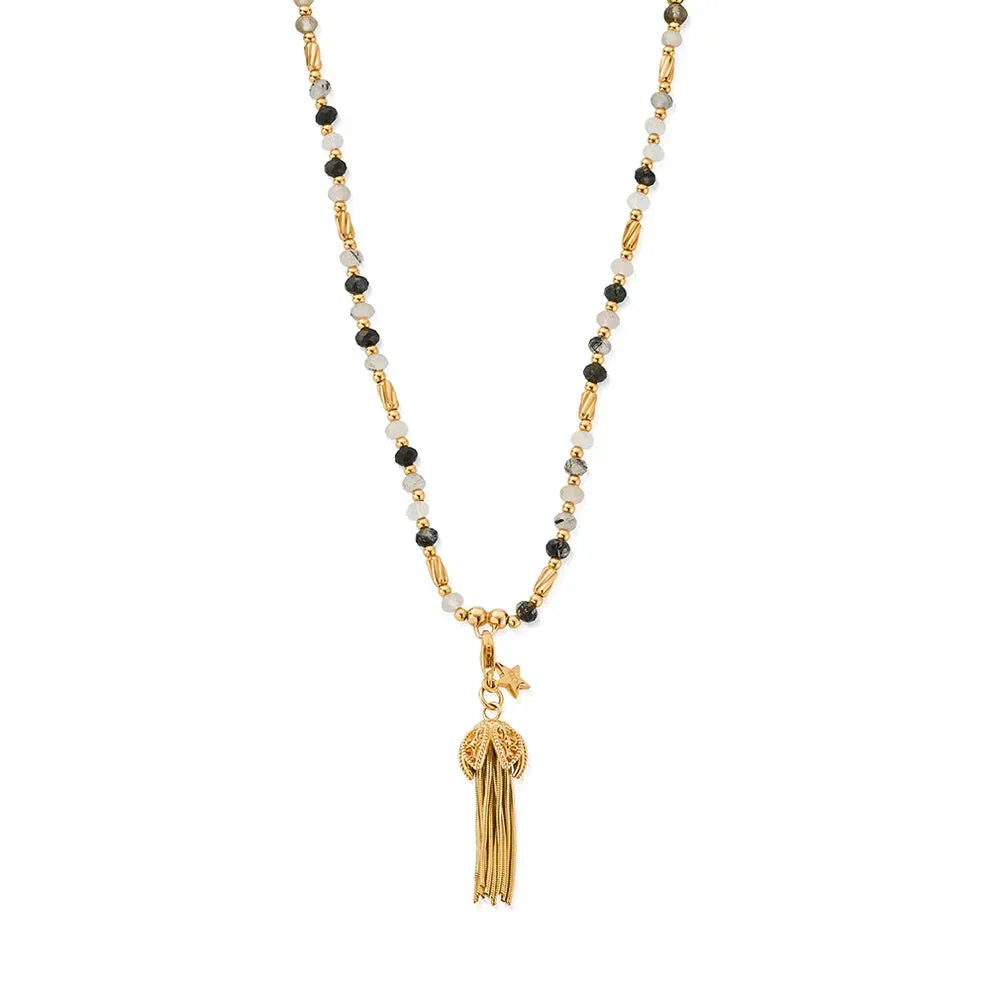 Chlobo Gold Plated Tassel Of Joy Black Rutilated Quartz Necklace