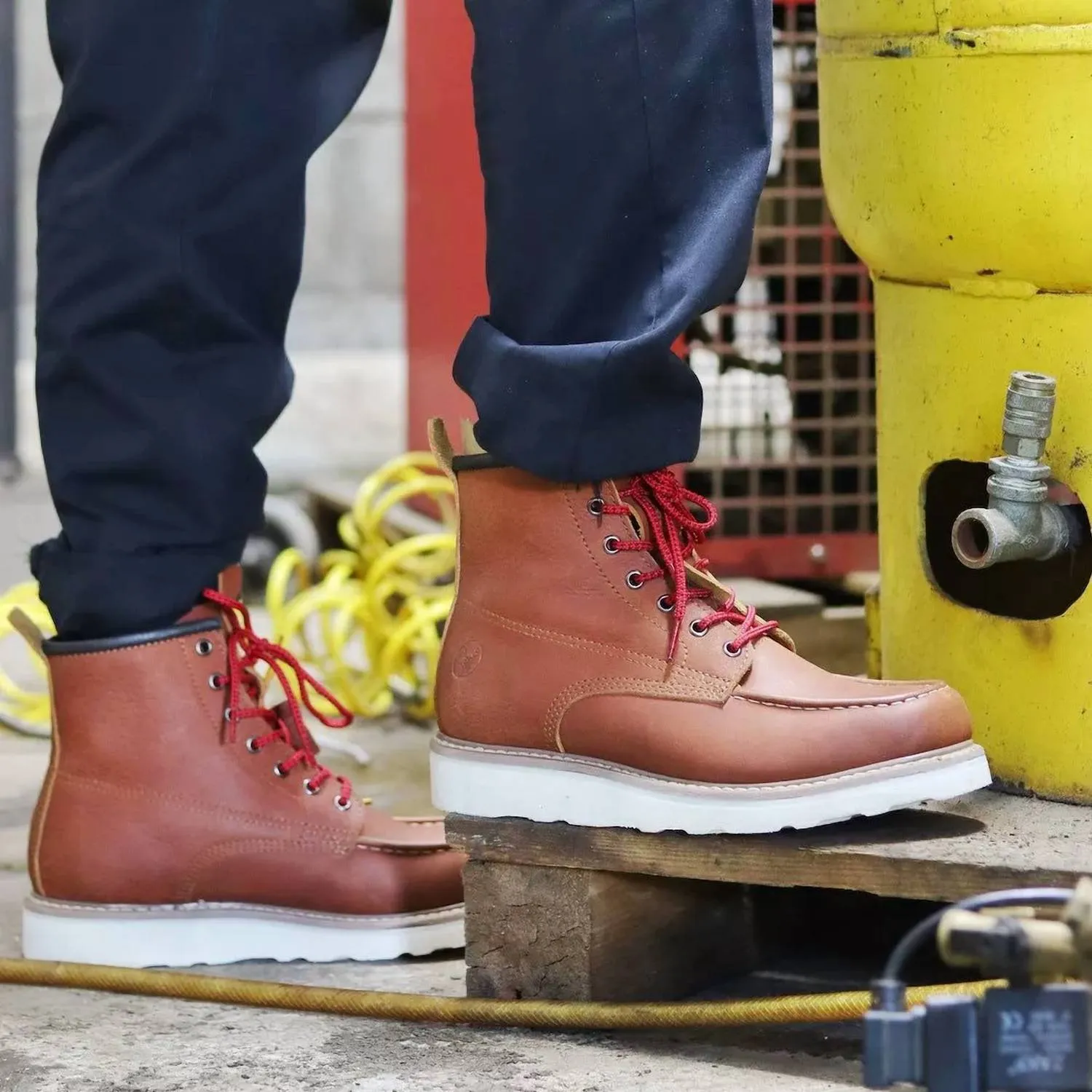Men's Moc Wedge Steel Toe Work Boots In Cognac