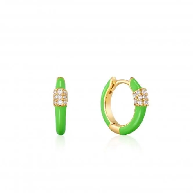 Neon Green Enamel Carabiner Gold Huggie Hoop Earrings E040-01G-NG