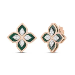 Roberto Coin Princess Flower 18ct Rose Gold Diamond Malachite Stud Earrings