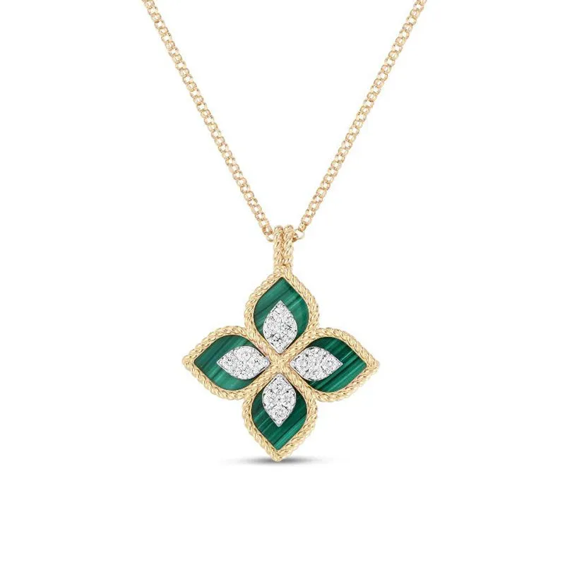 Roberto Coin Princess Flower 18ct Yellow Gold Diamond Malachite Necklace