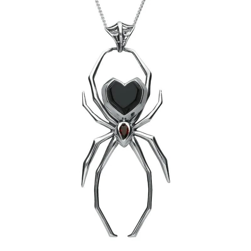 Silver Whitby Jet and Garnet 100mm Spider Web Bail Necklace